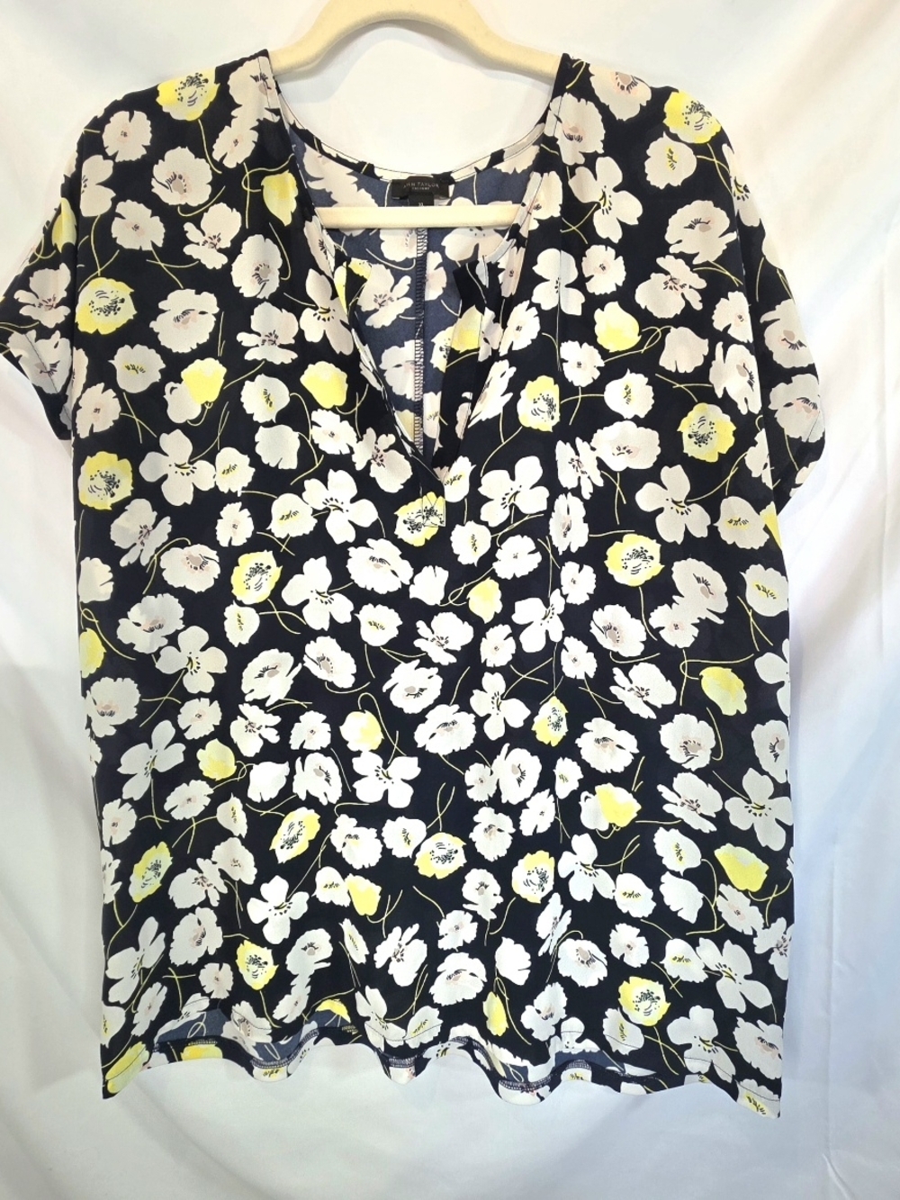 Ann Taylor Floral Coquette Business Casual Blouse Navy White Yellow Floral XL